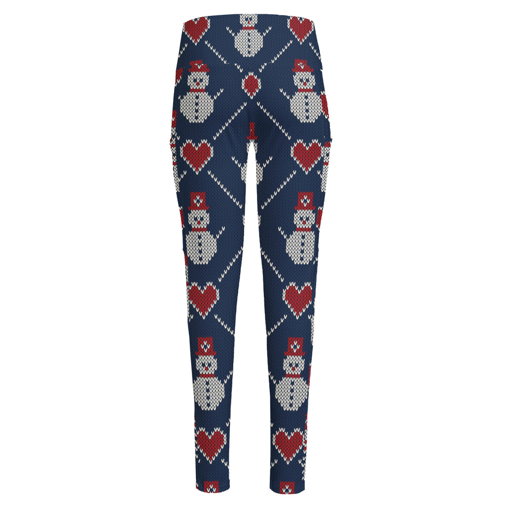 Cute Snowman Knitted Pattern Print High-Waisted Pocket Leggings