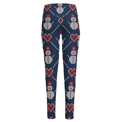 Cute Snowman Knitted Pattern Print High-Waisted Pocket Leggings