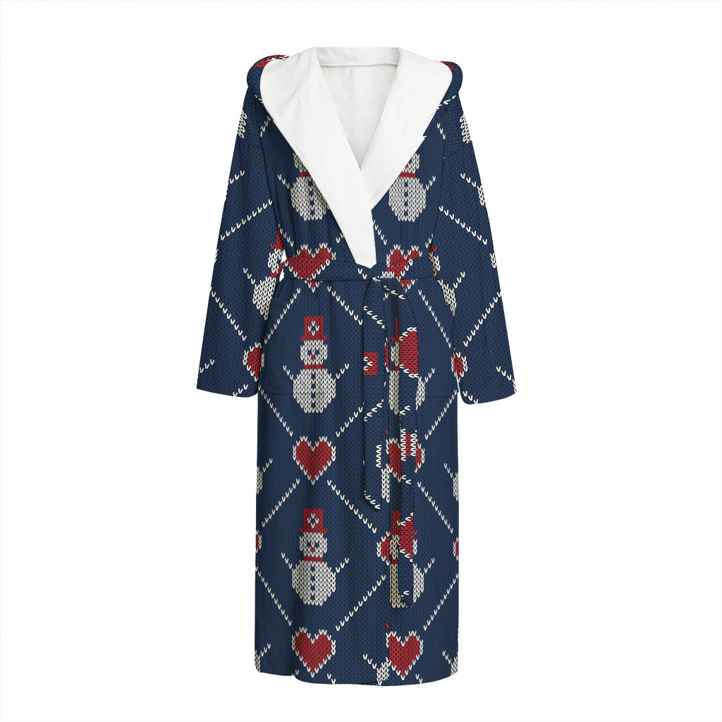 Cute Snowman Knitted Pattern Print Hooded Bathrobe