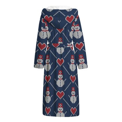 Cute Snowman Knitted Pattern Print Hooded Bathrobe