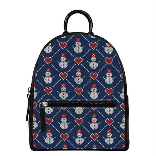 Cute Snowman Knitted Pattern Print Leather Backpack