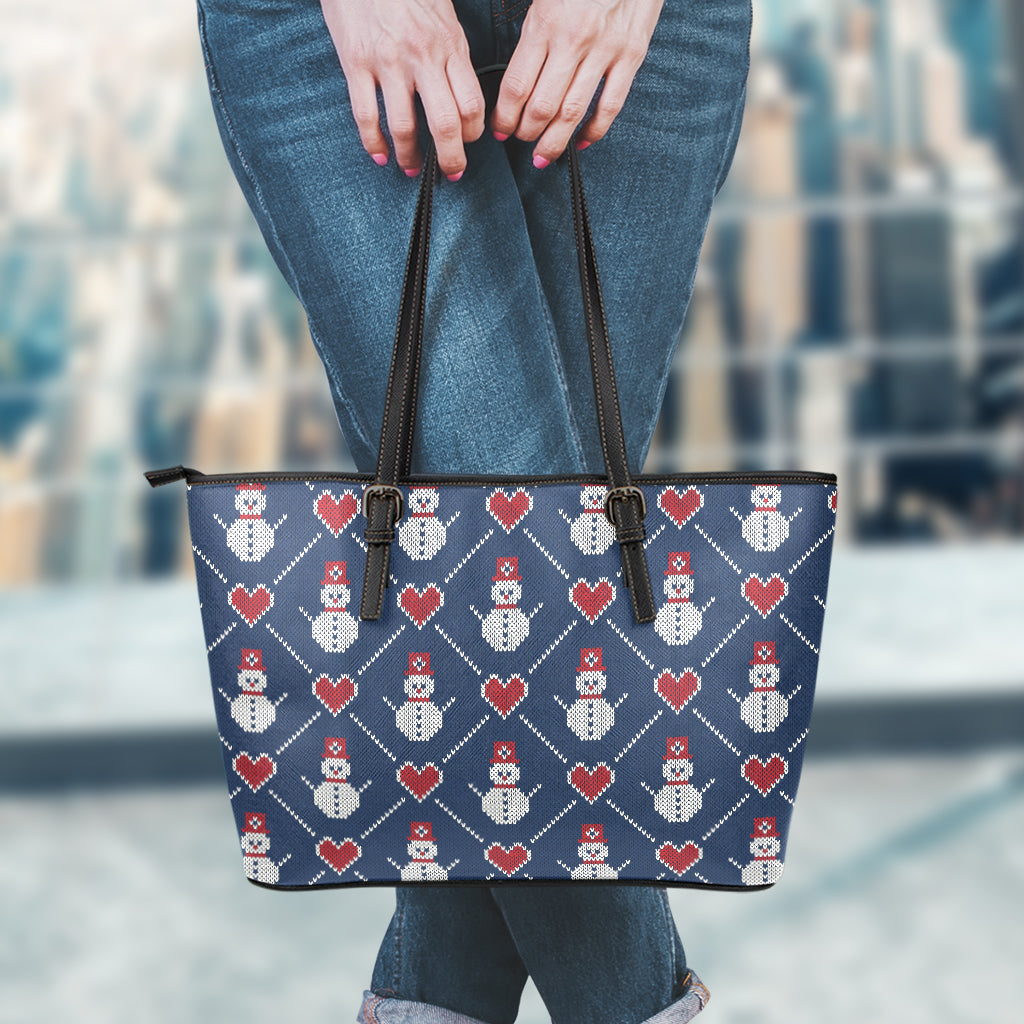 Cute Snowman Knitted Pattern Print Leather Tote Bag