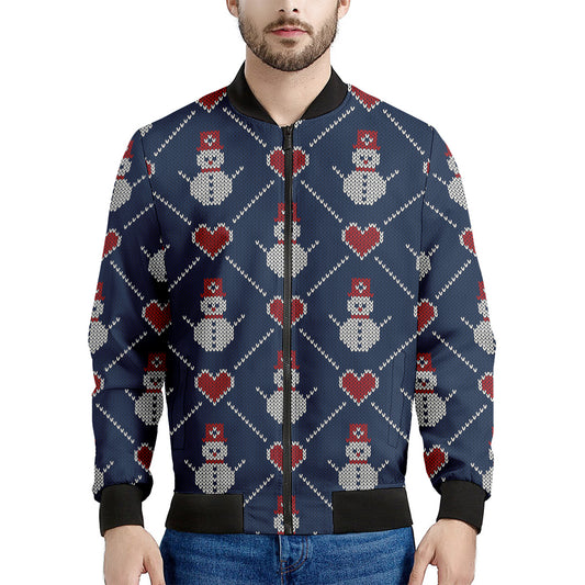 Cute Snowman Knitted Pattern Print Men's Bomber Jacket