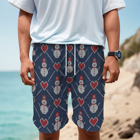 Cute Snowman Knitted Pattern Print Men's Cargo Shorts