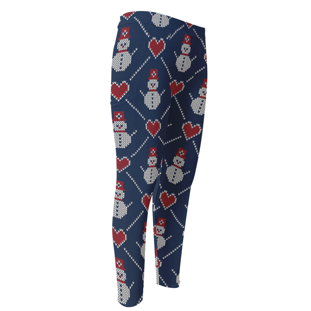 Cute Snowman Knitted Pattern Print Men's Compression Pants