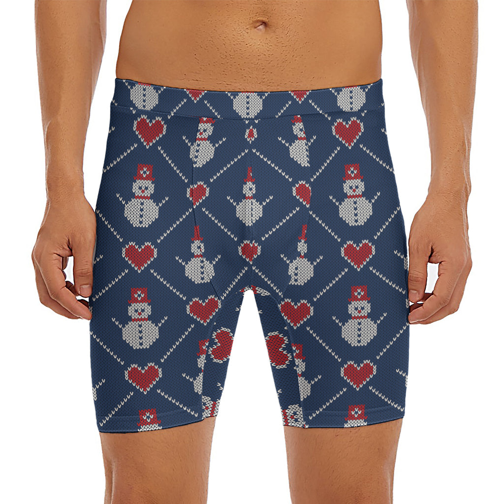 Cute Snowman Knitted Pattern Print Men's Long Boxer Briefs