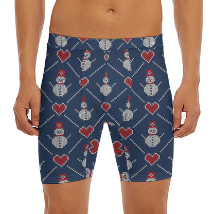 Cute Snowman Knitted Pattern Print Men's Long Boxer Briefs