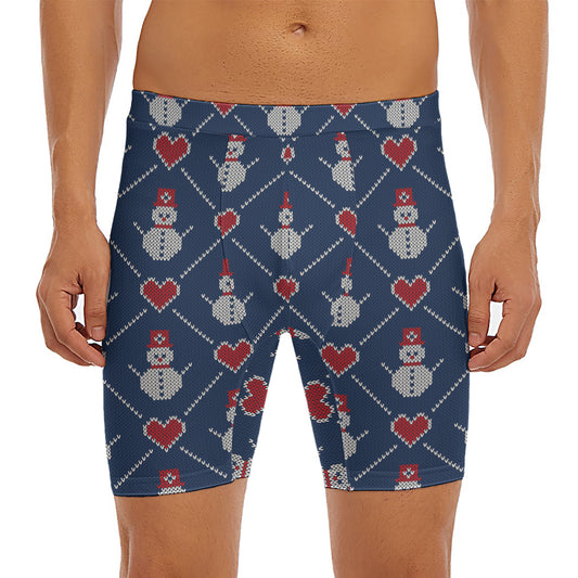 Cute Snowman Knitted Pattern Print Men's Long Boxer Briefs