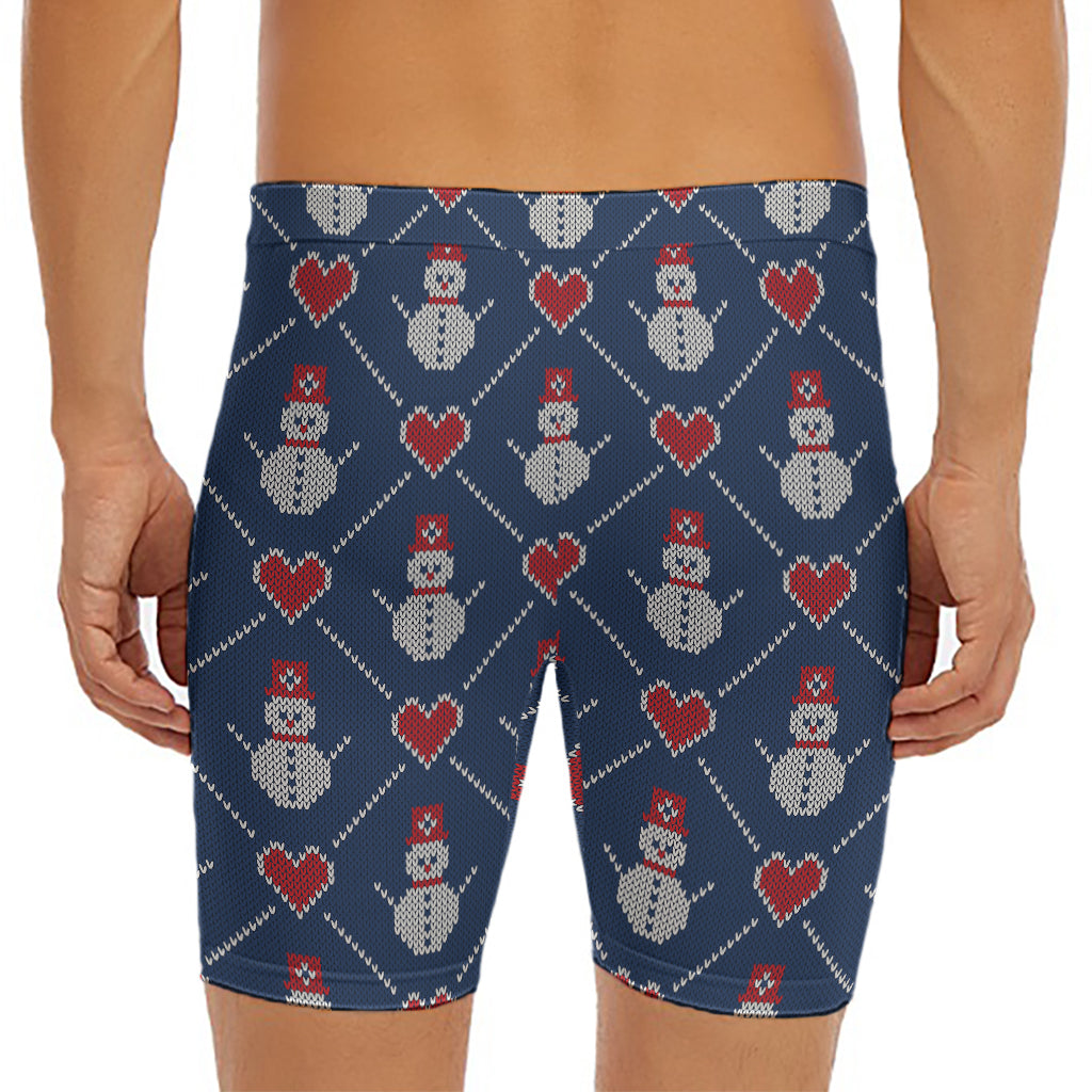Cute Snowman Knitted Pattern Print Men's Long Boxer Briefs