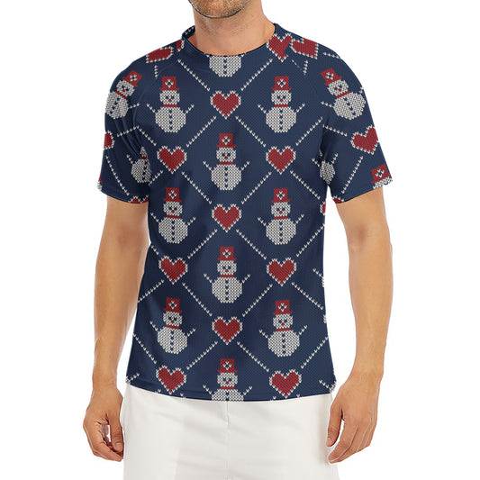Cute Snowman Knitted Pattern Print Men's Short Sleeve Rash Guard