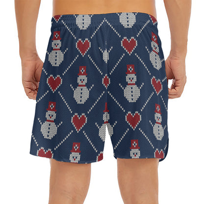 Cute Snowman Knitted Pattern Print Men's Split Running Shorts