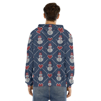 Cute Snowman Knitted Pattern Print Men's Velvet Pullover Hoodie