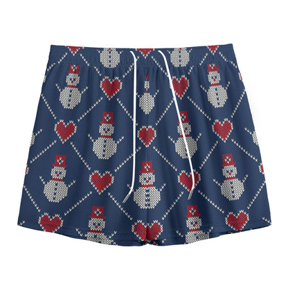 Cute Snowman Knitted Pattern Print Mesh Shorts
