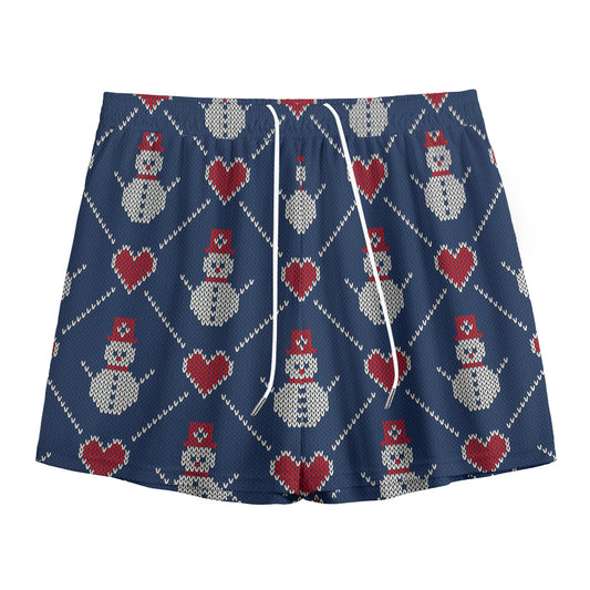 Cute Snowman Knitted Pattern Print Mesh Shorts