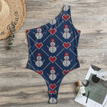 Cute Snowman Knitted Pattern Print One Shoulder Bodysuit