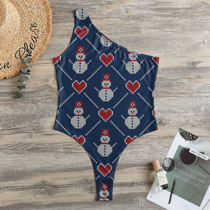 Cute Snowman Knitted Pattern Print One Shoulder Bodysuit