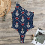 Cute Snowman Knitted Pattern Print One Shoulder Bodysuit