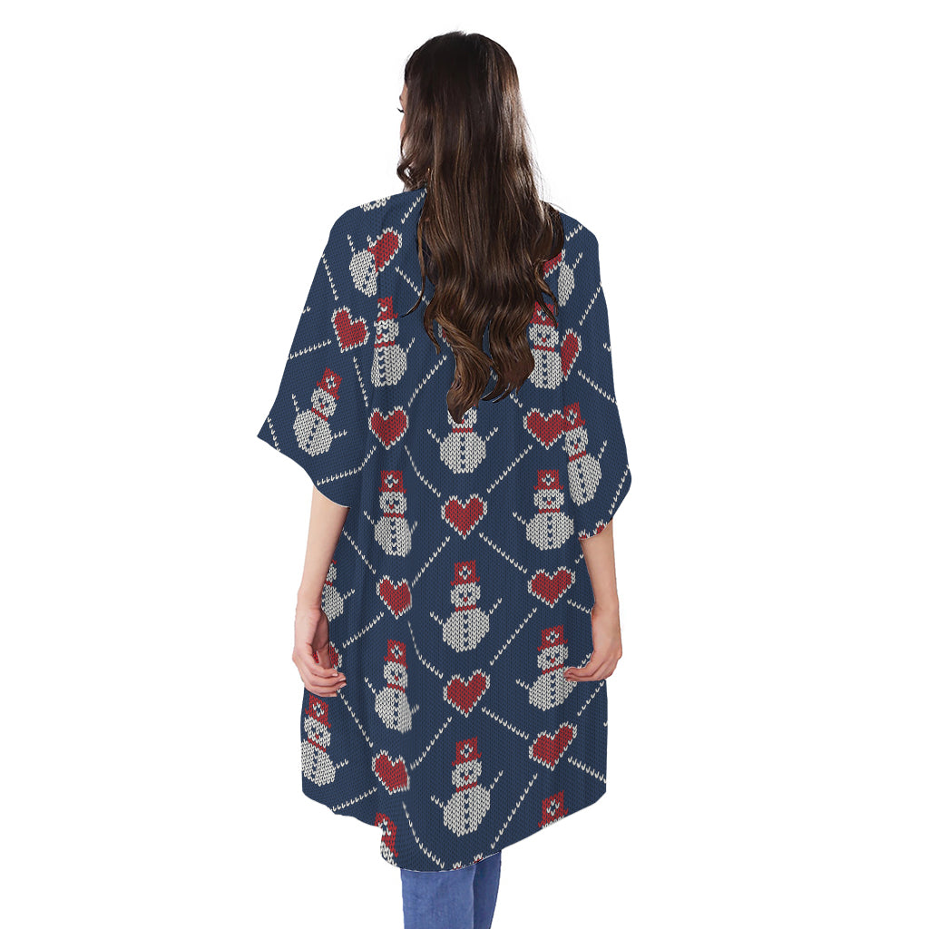 Cute Snowman Knitted Pattern Print Open Front Beach Cover Up