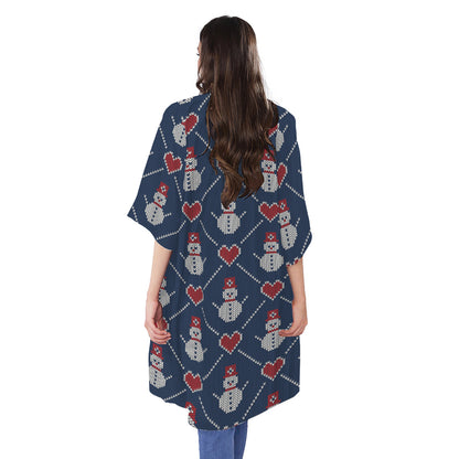 Cute Snowman Knitted Pattern Print Open Front Beach Cover Up