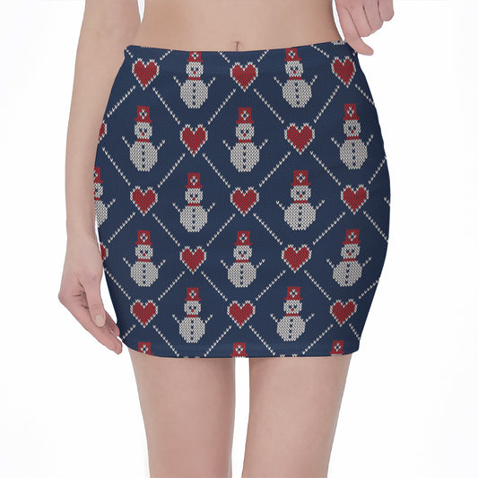 Cute Snowman Knitted Pattern Print Pencil Mini Skirt