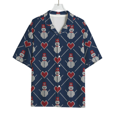 Cute Snowman Knitted Pattern Print Rayon Hawaiian Shirt