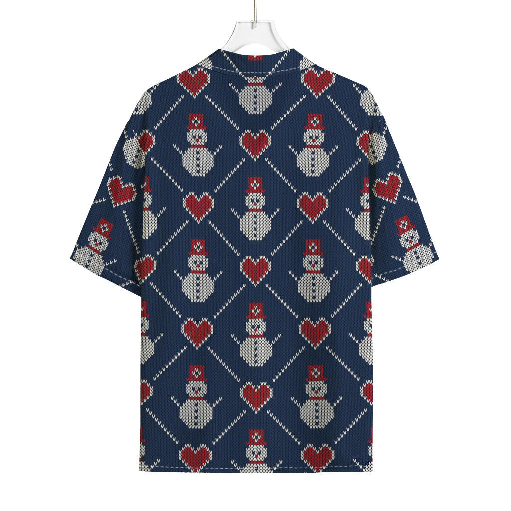 Cute Snowman Knitted Pattern Print Rayon Hawaiian Shirt