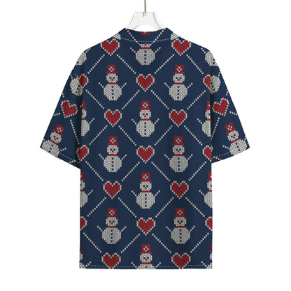 Cute Snowman Knitted Pattern Print Rayon Hawaiian Shirt