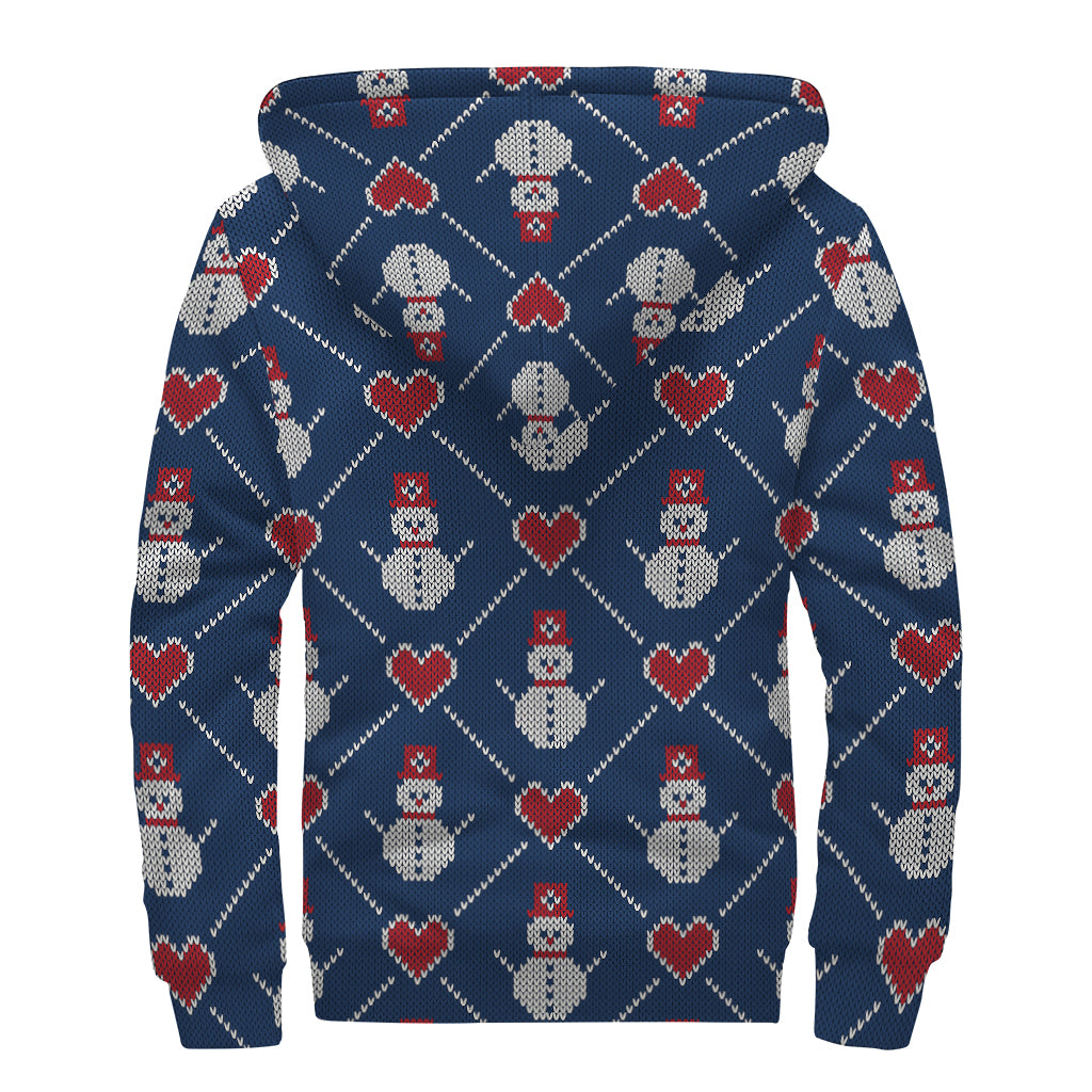 Cute Snowman Knitted Pattern Print Sherpa Lined Zip Up Hoodie