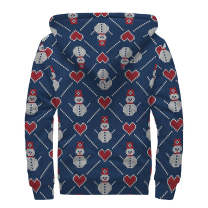 Cute Snowman Knitted Pattern Print Sherpa Lined Zip Up Hoodie