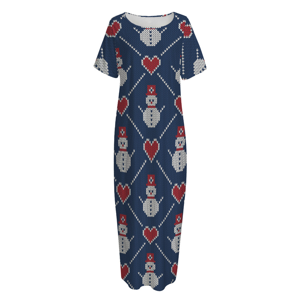 Cute Snowman Knitted Pattern Print Short Sleeve Long Nightdress