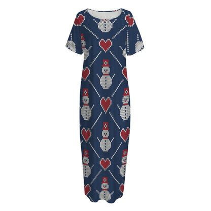 Cute Snowman Knitted Pattern Print Short Sleeve Long Nightdress