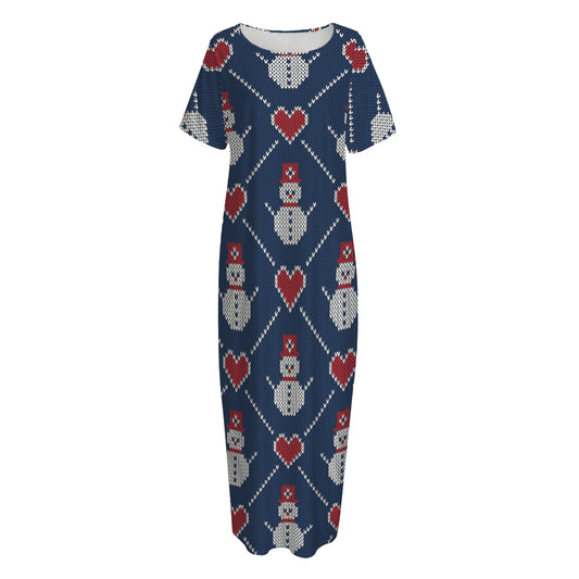 Cute Snowman Knitted Pattern Print Short Sleeve Long Nightdress