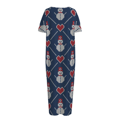 Cute Snowman Knitted Pattern Print Short Sleeve Long Nightdress