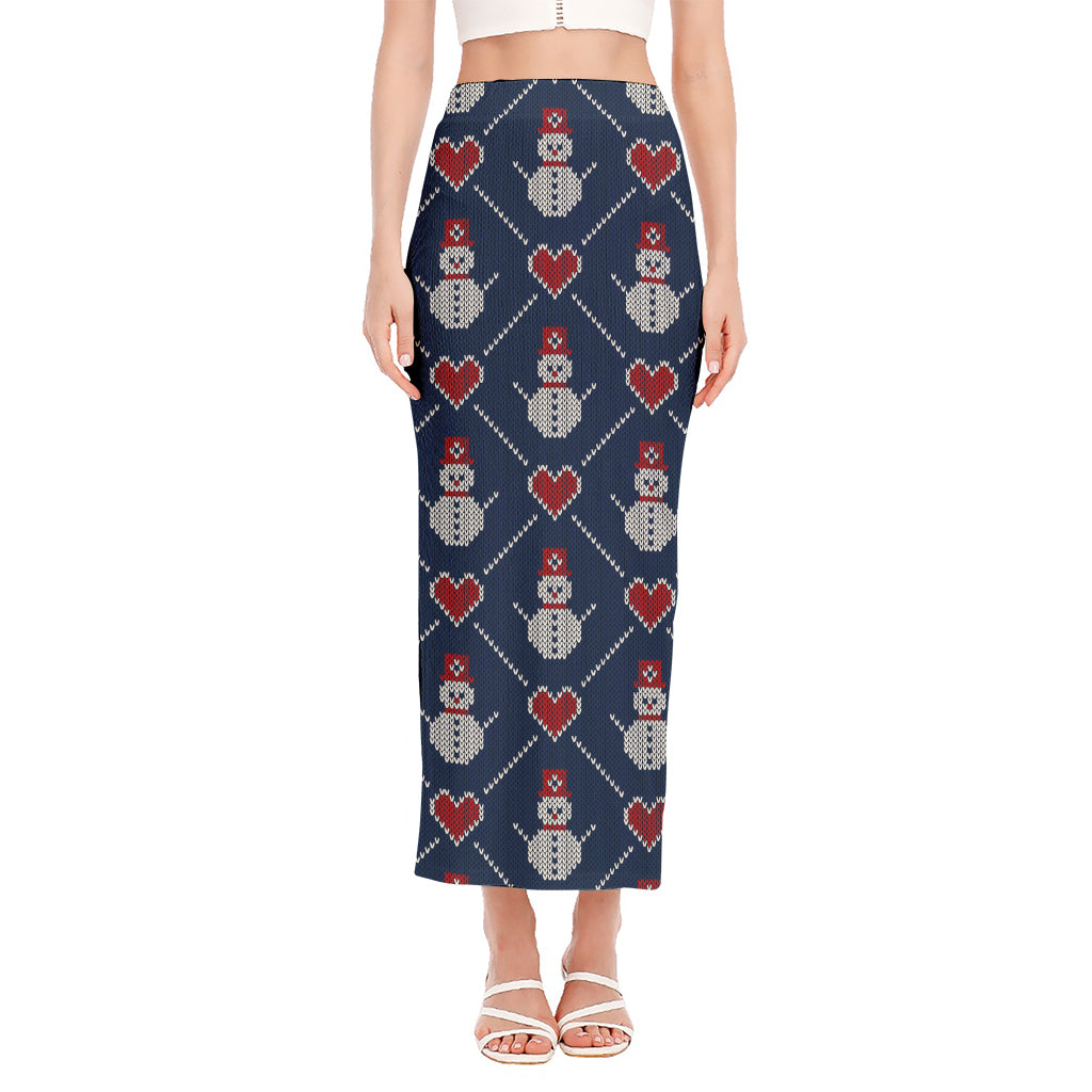 Cute Snowman Knitted Pattern Print Side Slit Maxi Skirt