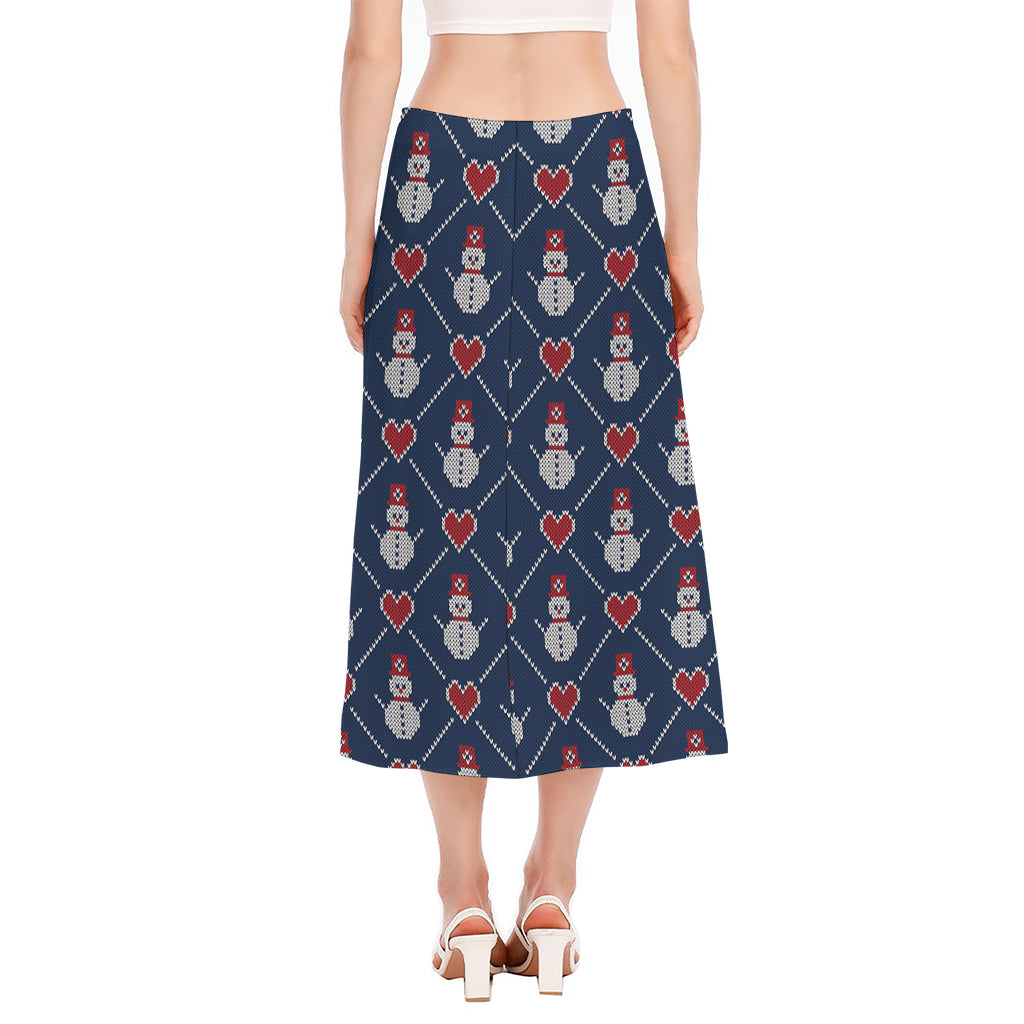 Cute Snowman Knitted Pattern Print Side Slit Midi Skirt
