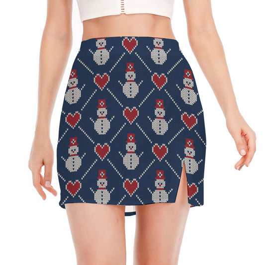 Cute Snowman Knitted Pattern Print Side Slit Mini Skirt