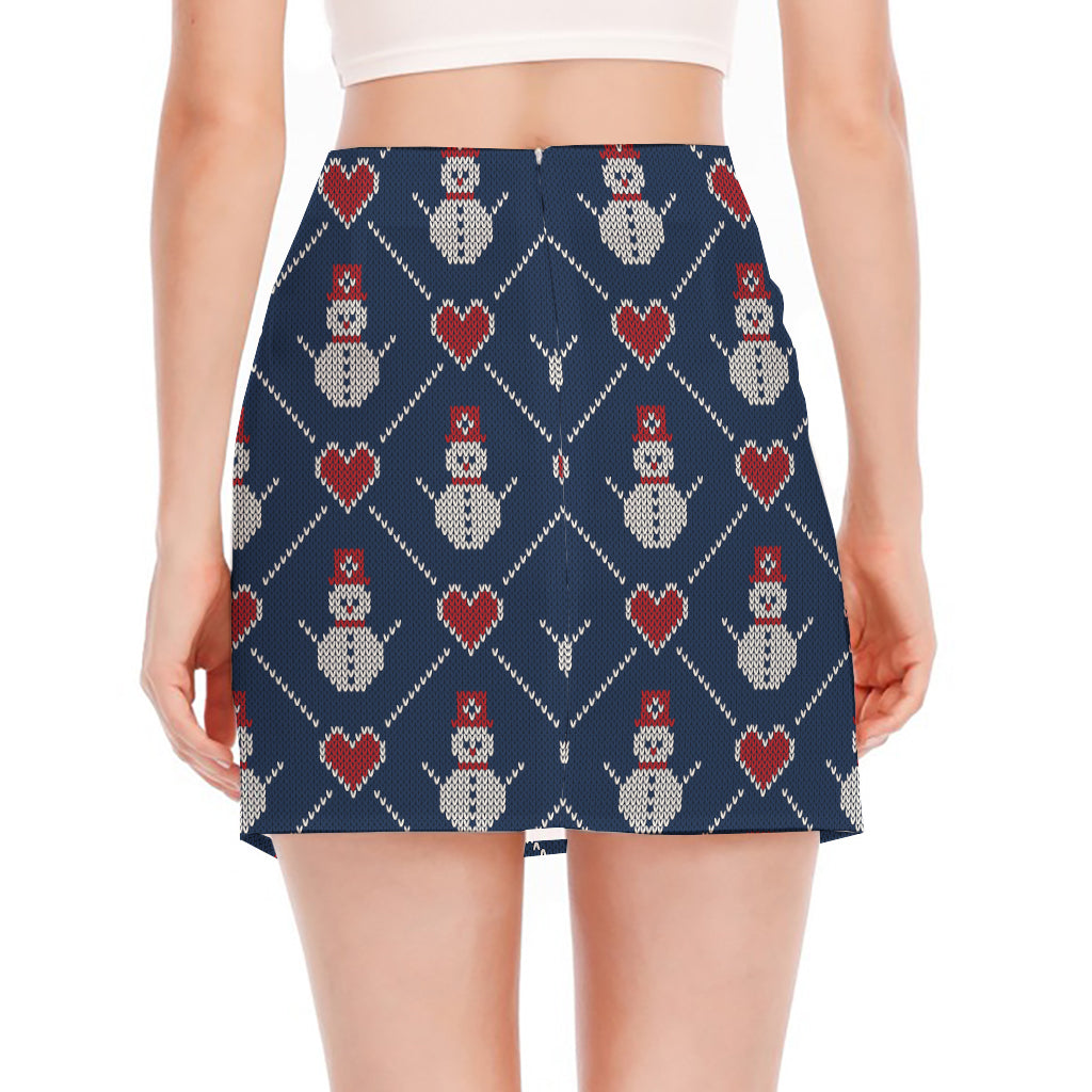 Cute Snowman Knitted Pattern Print Side Slit Mini Skirt