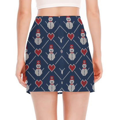 Cute Snowman Knitted Pattern Print Side Slit Mini Skirt