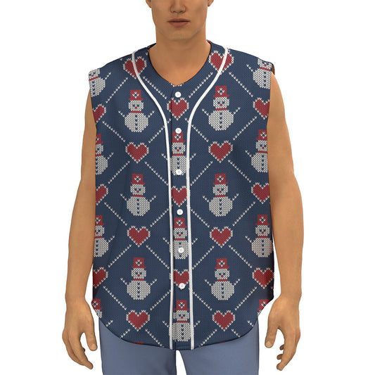 Cute Snowman Knitted Pattern Print Sleeveless Baseball Jersey