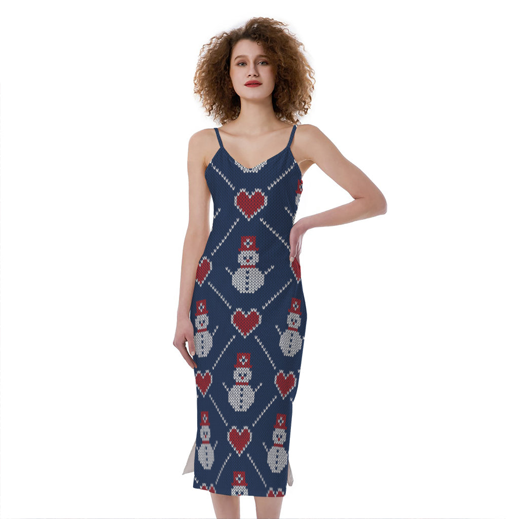 Cute Snowman Knitted Pattern Print Slim Fit Midi Cami Dress