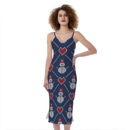 Cute Snowman Knitted Pattern Print Slim Fit Midi Cami Dress