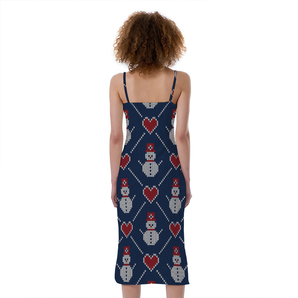 Cute Snowman Knitted Pattern Print Slim Fit Midi Cami Dress