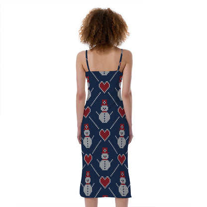 Cute Snowman Knitted Pattern Print Slim Fit Midi Cami Dress