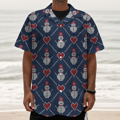 Cute Snowman Knitted Pattern Print Textured Short Sleeve Shirt