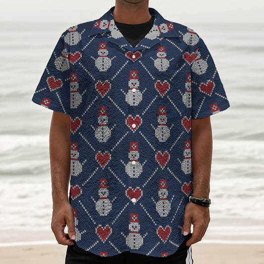 Cute Snowman Knitted Pattern Print Textured Short Sleeve Shirt