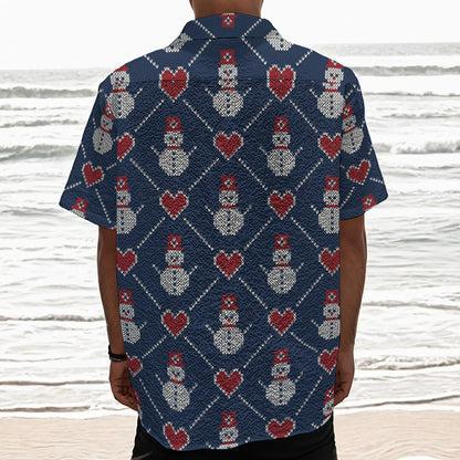Cute Snowman Knitted Pattern Print Textured Short Sleeve Shirt