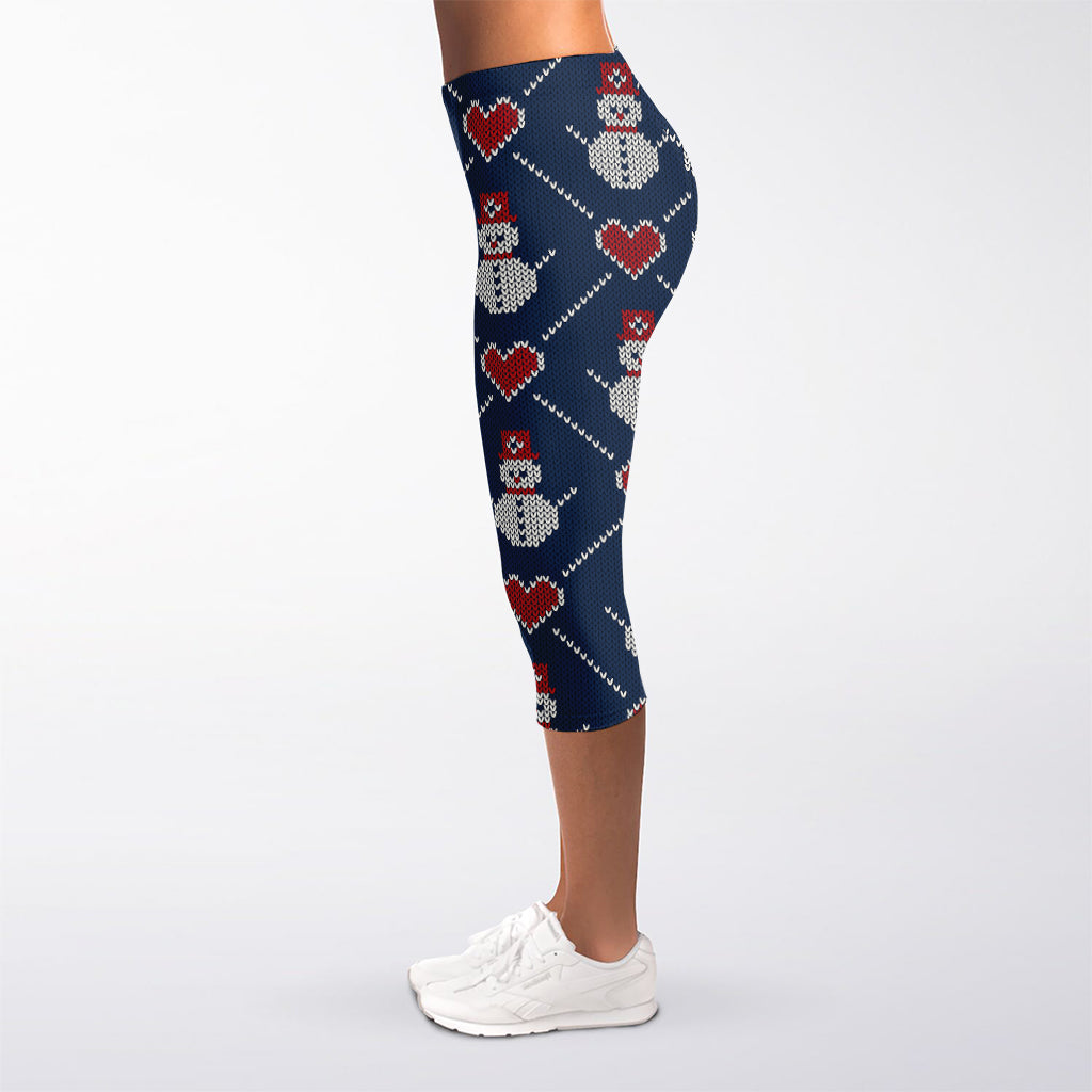 Cute Snowman Knitted Pattern Print Women's Capri Leggings