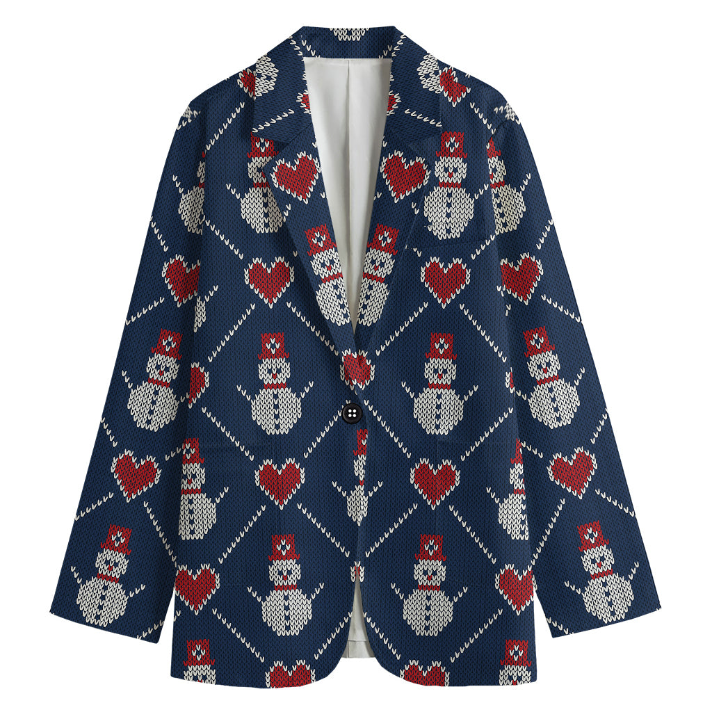 Cute Snowman Knitted Pattern Print Women's Cotton Blazer