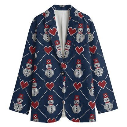 Cute Snowman Knitted Pattern Print Women's Cotton Blazer