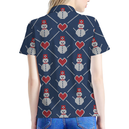 Cute Snowman Knitted Pattern Print Women's Polo Shirt